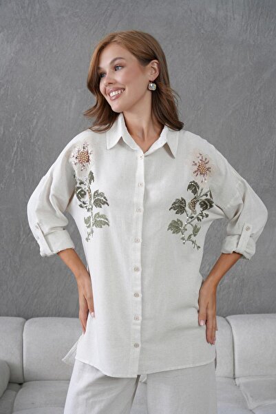 BURRASCA NAKIŞ İŞLEMELİ TAŞLI KETEN GÖMLEK