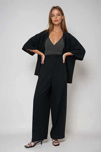 VAGGON Set kimono și pantaloni de vară din țesătură cu mâneci duble negre pentru femei PRMX13466