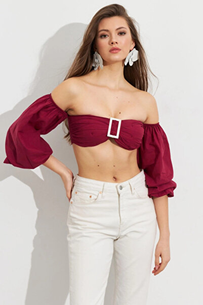 Cool & Sexy Women's Burgundy Balloon Sleeve Crop Blouse Rop111
