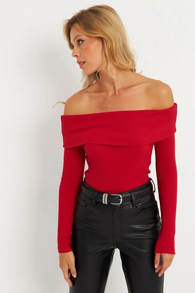 Cool & Sexy Κόκκινη γυναικεία μπλούζα καμισόλ με γιακά Madonna - Xl2210