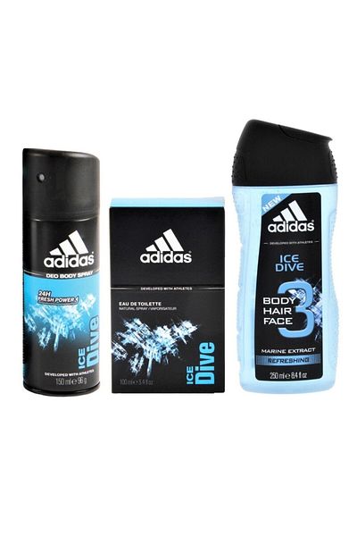 adidas مجموعة هدايا للرجال: آيس دايف أو دو تواليت 100 مل + جل استحمام 250 مل + مزيل عرق 150 مل