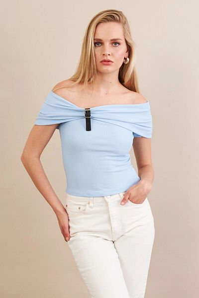 Cool & Sexy Γυναικεία Μπλε Ζώνη Λεπτομερής Μπλούζα FRY2316