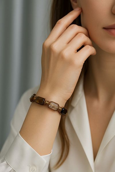 OSMANLI DEĞERLİ TAŞ Certified Tiger Eye-Citrine-Smoky Quartz Natural Stone Adjustable Macrame Bracelet