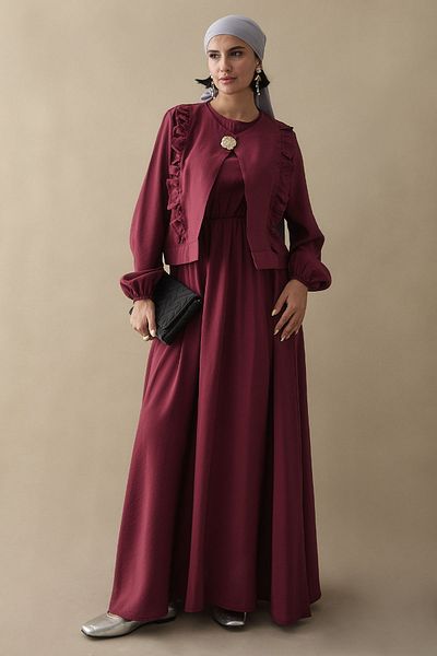 InStyle Rochie Modal Burgundy Gilet cu Jachetă Volanată
