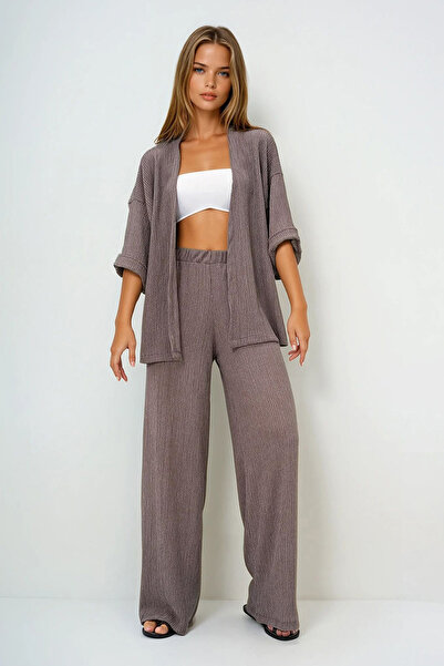 VAGGON طقم كيمونو وسراويل صيفية من قماش ميرمية بأكمام مزدوجة للنساء من VİZON PRMX13466