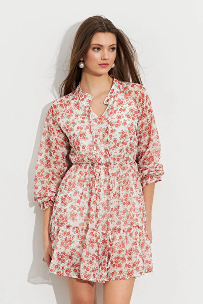 Cool & Sexy Women's Ecru-Red Patterned Chiffon Mini Dress Rop107