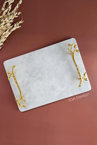 ioadesign Akasya Gerçek Ince Mermer Damat Kahvesi Tepsisi 28x20 Cm - Altın Kulp