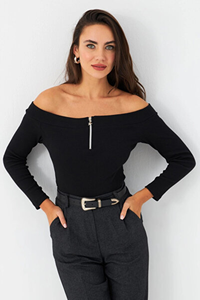 Cool & Sexy Bluză neagră pentru femei cu guler Madonna - TF40