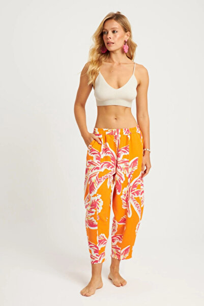 Cool & Sexy Kadın Turuncu Desenli Keten Şalvar Pantolon K1253