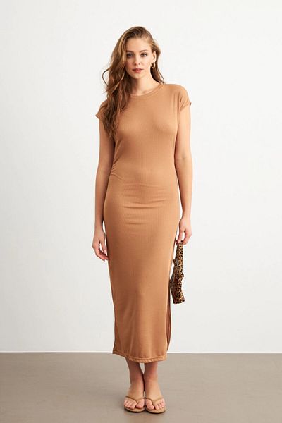 Cool & Sexy Women's Camel Gathered Sides Midi Dress Mk35