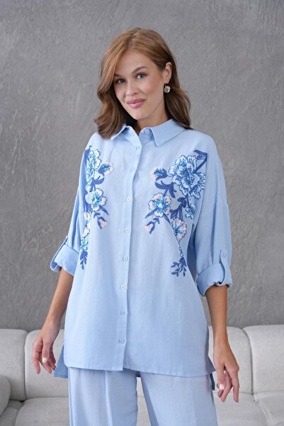 BURRASCA قميص كتان مطرز بالأحجار