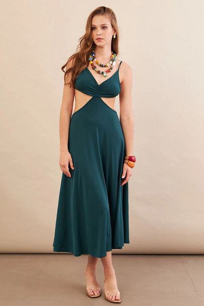 Cool & Sexy Γυναικείο Σμαραγδένιο Πράσινο Μίντι Φόρεμα με Ανοιχτή Πλάτη Halter AN7036