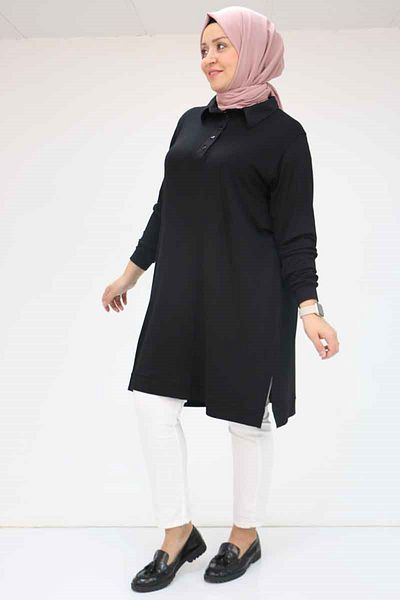 Eslina 28077 Large Size Polo Neck Half Placket Combed Cotton Tunic - Black