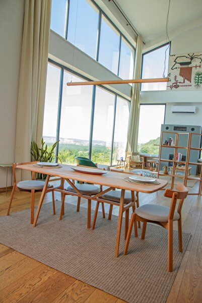 unboxdeco 8 Kişilik Slim Masif Kayın Ahşap Masa Takımı, 8 Adet ARC Kayın Sand...