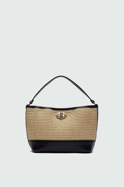 Shule Bags Urban Straw Look Interlocking Shoulder Bag Black