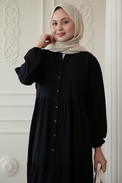 InStyle Casual Buttoned Eyebrow Black Dress