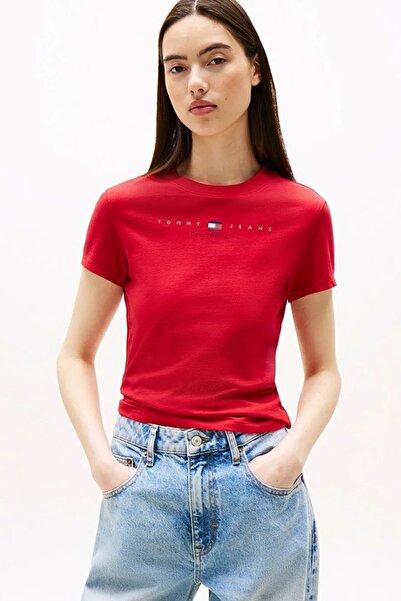 Tommy Jeans TJW SLIM TJ US LINEAR SS TEE Kadın Kırmızı T-shirt DW0DW21422XLE