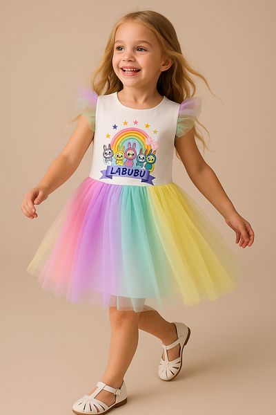 ESİLA KİDS Girl's Colorful Tulle Ruffled Sleeve Labubu Printed Dress 2-8 Years