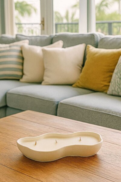 Nish Candles Dalgalı Kenarlı Beton Kapta Üç Ahşap Fitilli El Yapımı Dekoratif Mum Kokulu Soya Mumu