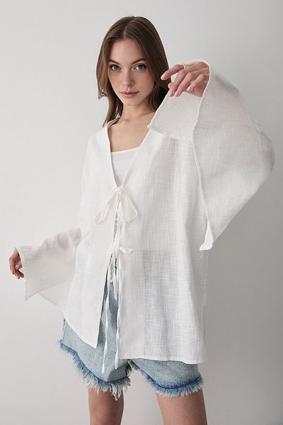 VODENS Women's White Double Tie Linen Kimino