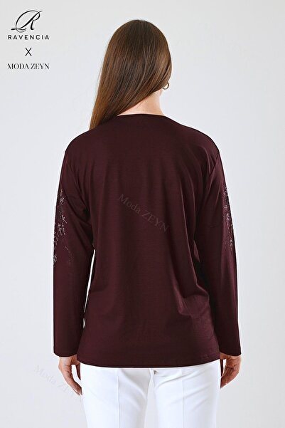 Ravencia Women's Middle Age and Above Viscose Flower Pattern Stone Embroidered Lycra Burgundy Mother Combed Cotton Blouse