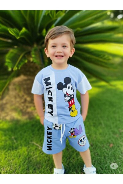 Store Sevimli Farecik Baskılı Erkek Çocuk Kısa Kollu Yazlık Takım Plaj Deniz