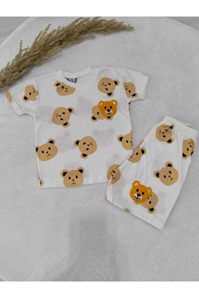 Store Ayıcık Panç Desenli Unisex Yazlık Çocuk Takım Ince Kısa Kollu