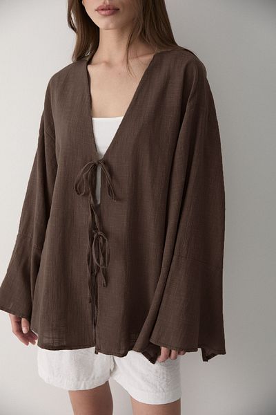VODENS Women's Brown Double Tie Linen Kimino