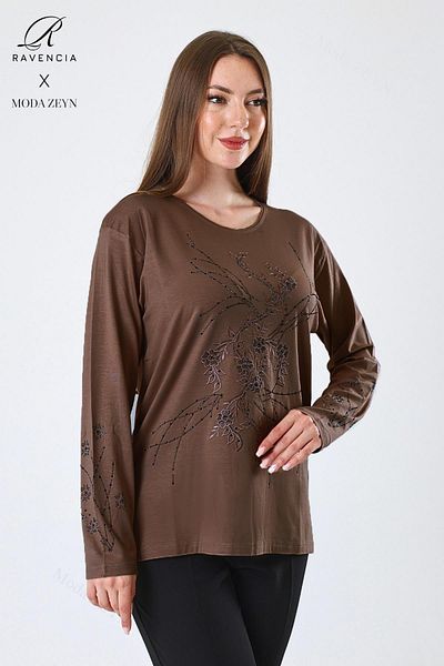 Ravencia Women's Middle Age and Above Viscose New Coating Pattern Stone Embroidered Lycra Brown Mother Combed Cotton Blouse