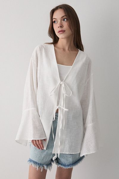VODENS Women's White Double Tie Linen Kimino