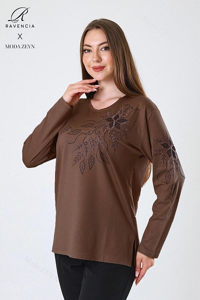 Ravencia Women's Middle Age and Above Viscose Flower Pattern Stone Embroidered Lycra Brown Mother Combed Cotton Blouse