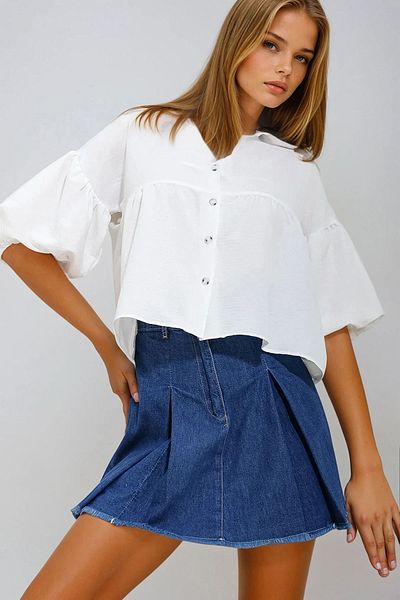 VAGGON Women White Balloon Sleeve Roba Shirring Kubra Cotton Crop Shirt Prmx11624