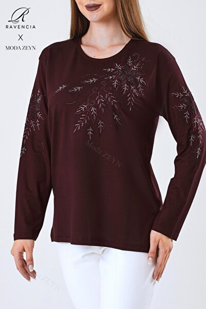 Ravencia Women's Middle Age and Above Viscose Flower Pattern Stone Embroidered Lycra Burgundy Mother Combed Cotton Blouse