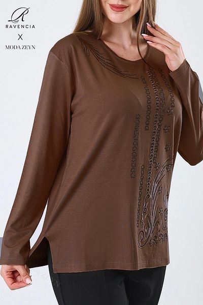 Ravencia Women's Middle Age and Above Viscose Ring Stripe Pattern Stone Embroidered Lycra Brown Mother Combed Cotton Blouse