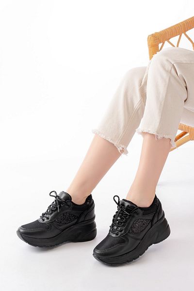 serkanseyyid F-185 Pantofi sport de vară cu șireturi zilnice negre cu accesorii din piatră