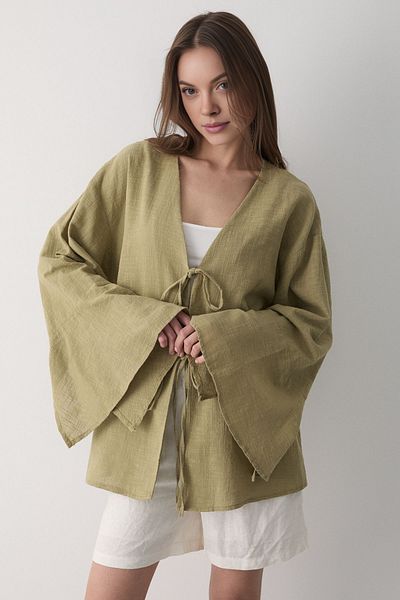 VODENS Women's Khaki Double Tie Linen Kimono
