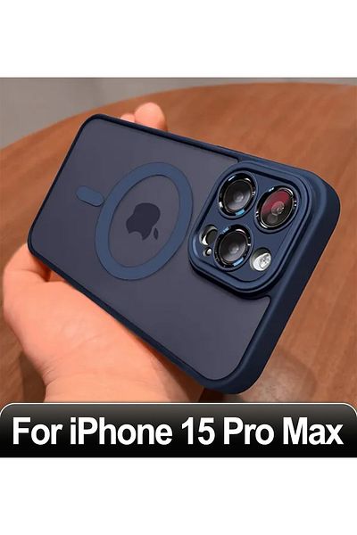 Choice جراب شحن لاسلكي مغناطيسي مقاوم للصدمات صلب لهاتف iPhone 15ProMax أزرق داكن غير لامع