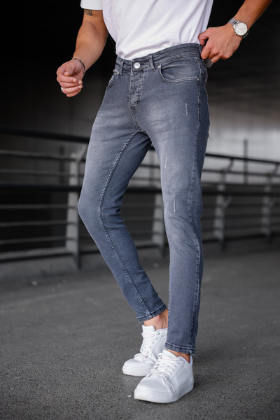 Ser Joven بنطلون جينز رجالي باللون الرمادي الداكن قصة ضيقة ليزر قماش قابل للتمدد