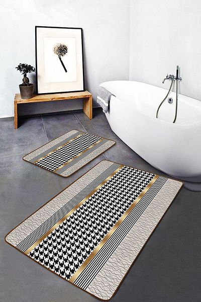 Realhomes Crowbar Patterned Black, White and Gold Detailed Set of 2 Non-Slip Base Washable Bath Mats