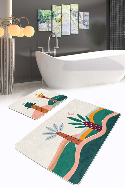 Realhomes مجموعة من 2 سجادة حمام قابلة للغسل وقاعدة غير قابلة للانزلاق بنمط استوائي تجريدي باللون الأخضر والبرتقالي