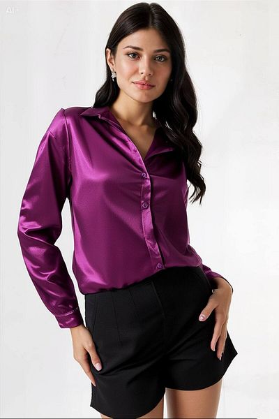 hazelin Cămașă mov cu suprafață de satin ușor drapată pentru femei Hzl22w-bd139641