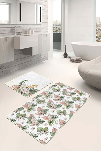 Realhomes Tropical Leaf Flower Patterned Green-Pink 2-Piece Non-Slip Base Washable Bath Mat Set
