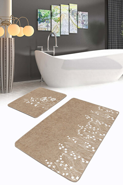 Realhomes Natural Pattern with White Flowers on Beige Floor 2-Piece Non-Slip Base Washable Bathroom Mat Set