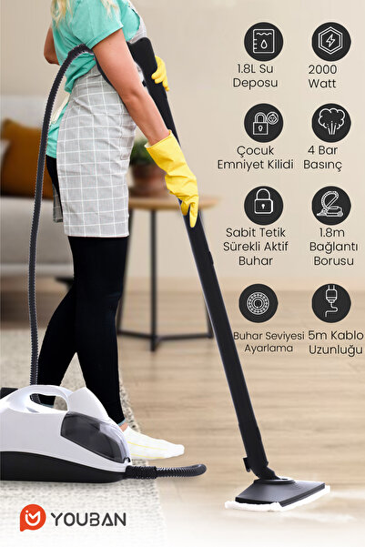 Youban Çok Fonksiyonlu Buharlı Temizlik Makinesi KF2707 + 3,5 Litre AirFryer Fritöz Kırmızı