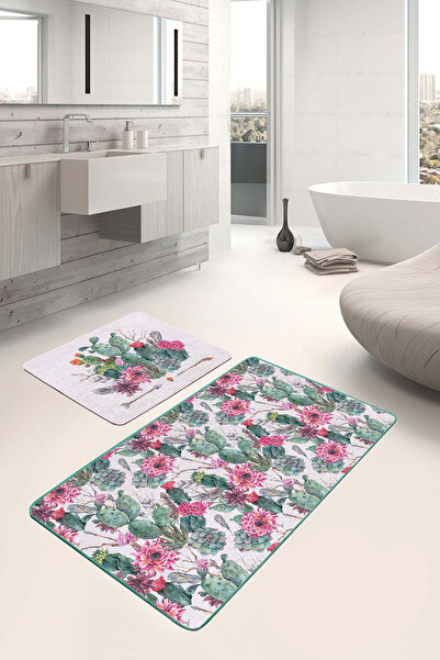 Realhomes مجموعة من قطعتين من سجادة الحمام القابلة للغسل بنمط زهرة الصبار الوردي