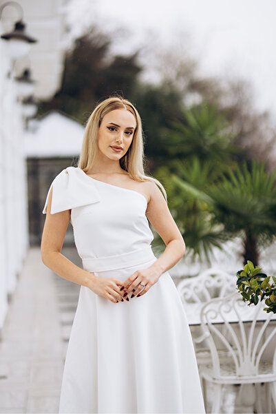 ASLIHANGÜNER Women's One Shoulder Ribbon Detailed White Midi Arısta Dress