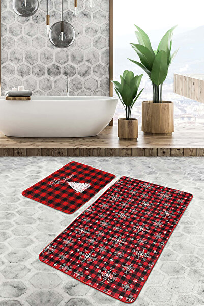 Realhomes مجموعة من قطعتين من سجادة الحمام باللون الأحمر والأسود والشجرة البيضاء ونمط ندفة الثلج