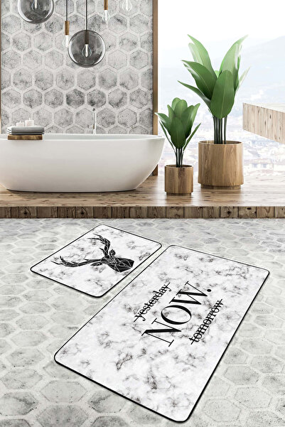 Realhomes مجموعة سجادة حمام منقوشة باللون الأسود على شكل غزال هندسي مكونة من قطعتين وقاعدة مضادة للانزلاق وقابلة للغسل