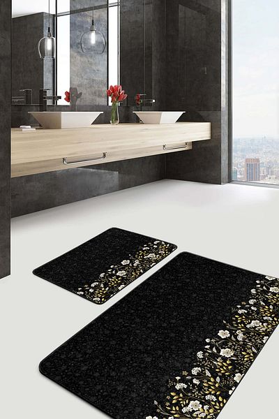 Realhomes White and Gold Floral Patterned Black Floor 2-Piece Non-Slip Base Washable Bath Mat Set
