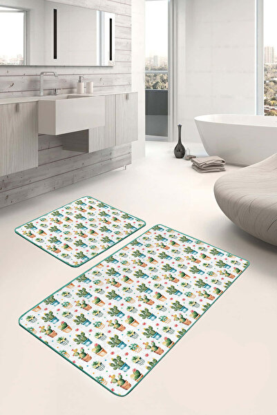 Realhomes Cactus Patterned Green Blue Colored 2-Piece Non-Slip Base Washable Bath Mat Set